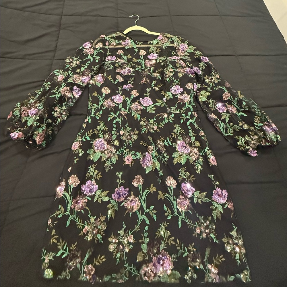 Dress the Population Black, Purple Floral Long Sleeve sequin Dress